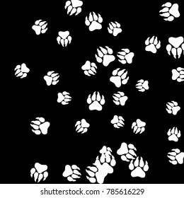 Monochrome Tiger Footprints in Black and White. Prints of Paws with Big Claws for Petshop Design or for Goods for Pets. Simple Pattern for Print, Logo or Poster. Vector Confetti Background.