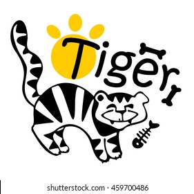 monochrome tiger print, funny, stylized, black and white, yellow, sun, joyful, kids