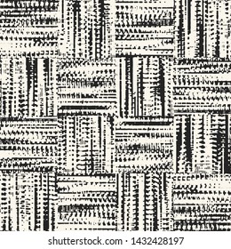 Monochrome Tile Checked Glitch Stroke Textured Distressed Background. Seamless Pattern.