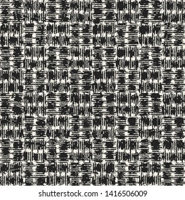 Monochrome Tile Checked Variegated Stroke Textured Background. Seamless Pattern.