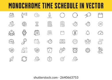 Monochrome Time Management Icons – Vector Line Set for Schedule, Alarm, Calendar And Productivity Tools