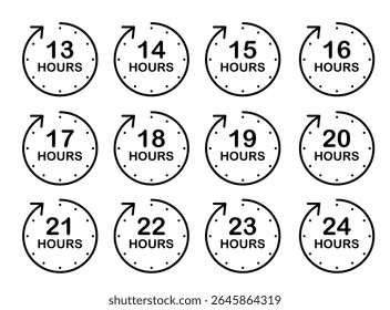 Monochrome timer icons from 13 to 24 hours for digital planning and schedule breakdowns, Clock Countdown Vector