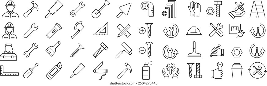 A Monochrome Tool Line Drawing Icon Set in Vector