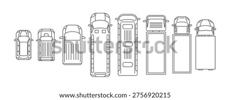 Monochrome top view illustration of various vehicles. Includes cars, buses, and trucks outlined with precision. Ideal for transport designs or educational purposes.