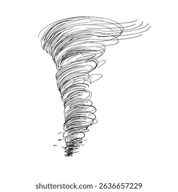 Monochrome tornado line art with swirls outline vector drawing. Stylized illustration of hurricane by scribble for tech branding, esoteric symbols and design. Dynamic spiral lines pen painting.