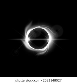 A monochrome total eclipse with bright white light, swirling streams, rays and highlights. Realistic vector illustration on a black isolated background. Space and astronomy theme.