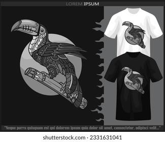 Artes de mandala de pájaro toscano monocromo aisladas en camisetas blancas y negras.