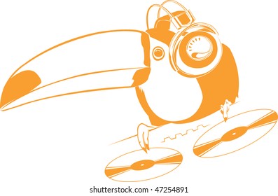 monochrome toucan DJ in headphones