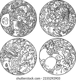Monochrome traditional soups of Asian culture
