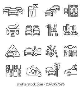 Monochrome traffic jam line icon set vector illustration. Simple automobile crash, freeway daily driving direction, rush hour, accident road isolated. Highway crosswalk and street lights, angry driver