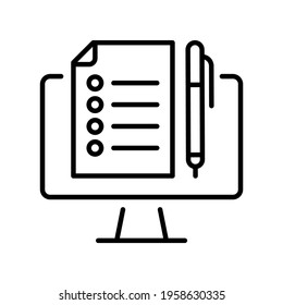 Monochrome training program icon vector illustration. Simple outline e learning online education checklist on screen of computer isolated. Linear logo of distance studying with paper sheet and pen