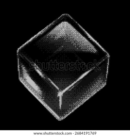 Monochrome transparent glossy crystal cube with light glare pixel art vector icon. Retro 8 bit 3D glass cube isolated on dark. Bitmap video game glass block, overlay square prism