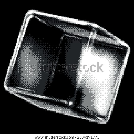 Monochrome transparent glossy crystal cube with light glare effect pixel art vector icon. Retro 8 bit 3D glass cube black and white isolated on dark. Bitmap video game glass block with overlay prism