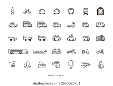 Monochrome Transportation Icon Set – Vehicles, Planes, Trains, Ships in Silhouette Style