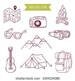 Monochrome travel doodle elements: map, camera, bonfire, glasses, mountains, binoculars, guitar, tent and backpack