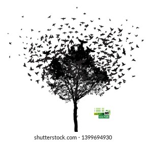 Monochrome tree with flying birds. Vector illustration