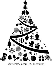Monochrome Tree Made of Vector Christmas Icons