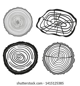 Monochrome tree rings on white. Set of cross section. Outline for your design. Black and white illustration