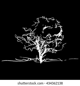 Monochrome tree silhouette vector sketched line art isolated