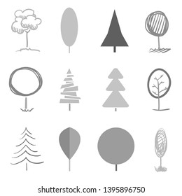 Monochrome trees and christmas trees on white. Decorative objects of nature for your design. Black and white illustration