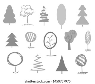 Monochrome trees and christmas trees on white. Decorative objects of nature for your design. Black and white illustration