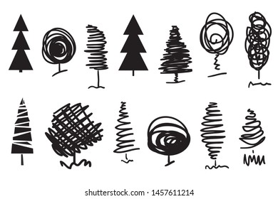 Monochrome trees and christmas trees on white. Decorative objects of nature for your design. Black and white illustration