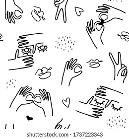 Monochrome trendy line style pattern with hands, lashes,eyes, lips. Vector texure