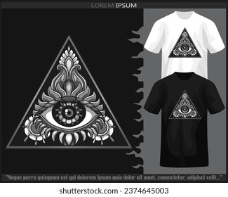 Monochrome Triangle eyes mandala arts isolated on black and white t shirt.