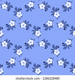 Monochrome triangular pattern of cherry blossoms on blue background, geometric pattern, seamless texture, vector
