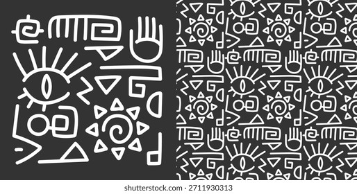 Padrão de ícone tribal monocromático - olho, mão, arte da linha do sol