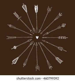 Monochrome tribal set with arrows, hand drawn ethnic collection with arrows for design, rustic decorative arrows, hippie and boho style vector illustration 
