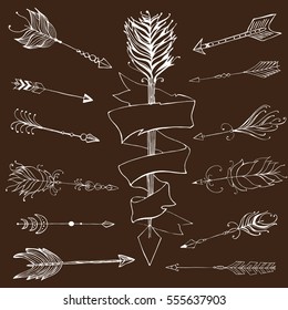 Monochrome tribal set with arrows, hand drawn ethnic collection with arrows for design, rustic decorative arrows, hippie and boho style vector illustration 
