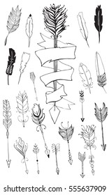 Monochrome tribal set with arrows, hand drawn ethnic collection with arrows for design, rustic decorative arrows, hippie and boho style vector illustration 
