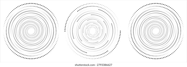Monochrome triptych featuring concentric dotted circles in a halftone style, creating an optical, geometric and minimalist pattern ideal for backgrounds, technology, print, retro and modern design projects.