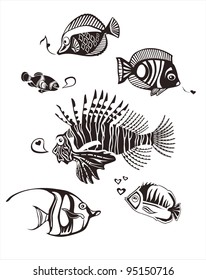 Monochrome Tropical Fishes vector illustration