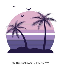 monochrome tropical illustration with palm silhouettes and flying birds. minimalistic design for resort advertising