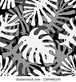 Monochrome tropical jungle leaves vector seamless black and white pattern. Philodendron or monstera plant leaf repeating background for textile, wallpaper, summer decoration.