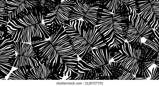 Monochrome tropical palm leaves seamless pattern. Black and white exotic botanical texture. Vector floral background. Jungle leaf seamless wallpaper. Design for fabric, textile print, wrapping, cover