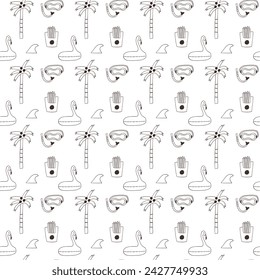 Monochrome tropical palm summer beach seamless pattern. Flamingo inflatable lap, surfboard fin, diving mask snorkel, french fries wallpaper background