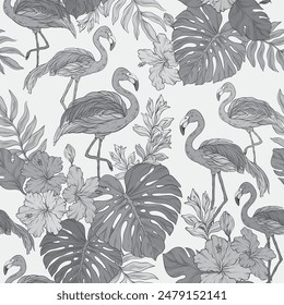 monochrome tropical pattern with pink flamingo