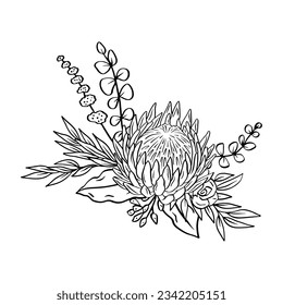 Monochrome tropical protea flowers and leaves bouquet. Boho floral composition
