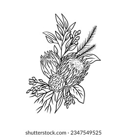 Monochrome tropical protea flowers and leaves bouquet. Boho floral composition