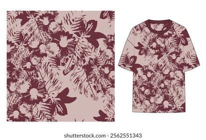 monochrome, tropical summer, leaves, leaf illustration, seamless pattern, all over print, graphic t-shirt, women, men, t shirt, shirt, apparel, clothing, fashion vector artwork