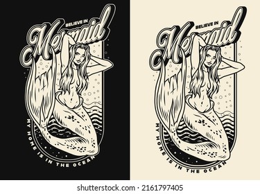 Monochrome t-shirt design with mermaid on a black and white background. Labels vintage style vector illustration