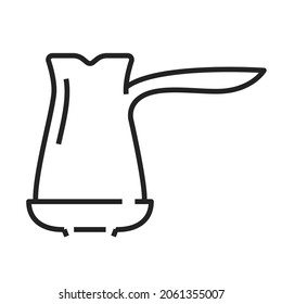 Monochrome Turkish coffee pot icon line vector illustration. Simple outline cezve turk for cooking hot strong beverage isolated on white. Copper ladle with handle for preparing Arabic espresso drink