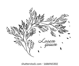 Monochrome twig with leaves. Vector illustration