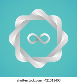 Monochrome twisted frame with an infinity sign. Optical illusion with a metallic 3d effect. Template for a logo, symbol, emblem. Useful as design element for poster, cover, invitation, business card.