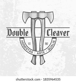 Monochrome two ax logo on light gray wall background. Double cleaver text. Axe with a wooden handle emblem design. Carpentry tool insignia