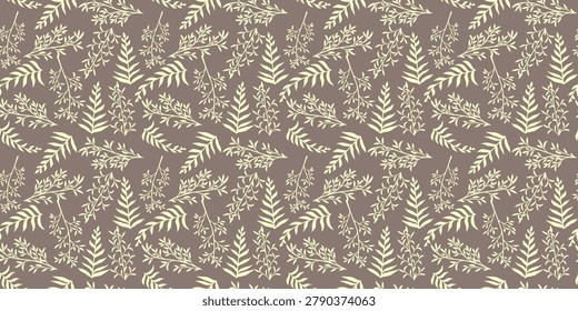 Monochrome two color floral vector seamless pattern with hand drawn branches and leaves