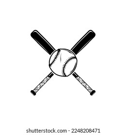 Monochrome two crossed baseball bats, sports tool icon. Vector illustration isolated on a white background. Simple shape for logo, emblem, symbol, sign, badge, label, stamp design.